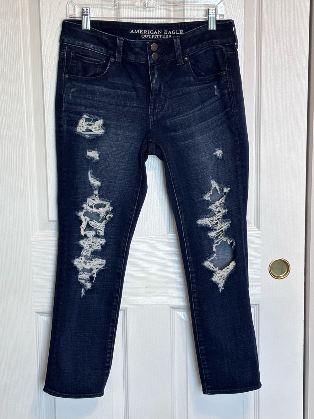 American Eagle Outfitters Dark Wash Blue Denim Distressed Skinny Jeans Size 10